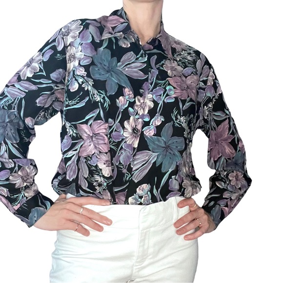 ⚡️SOLD⚡️VINTAGE 80s Jeremy Scott Braemar Black Floral Print Button Up Shirt - Picture 3 of 8